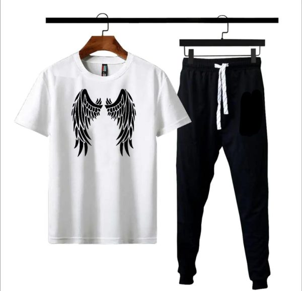 Eagle Wings Printed Gym Wear Tracksuit For Men& Boys Tshirt & Trouser- White